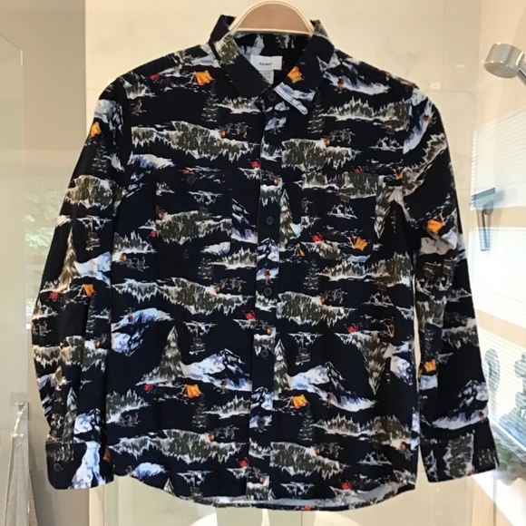 Old Navy Boys Button Up Long Sleeve Snowy Mountains Graphic Flannel - Picture 1 of 2